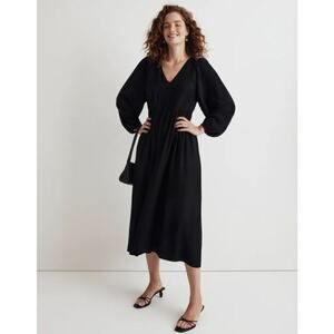 NWT Madewell V Neck Empire Midi Puff Long Sleeve Dress Black Women's Size Small